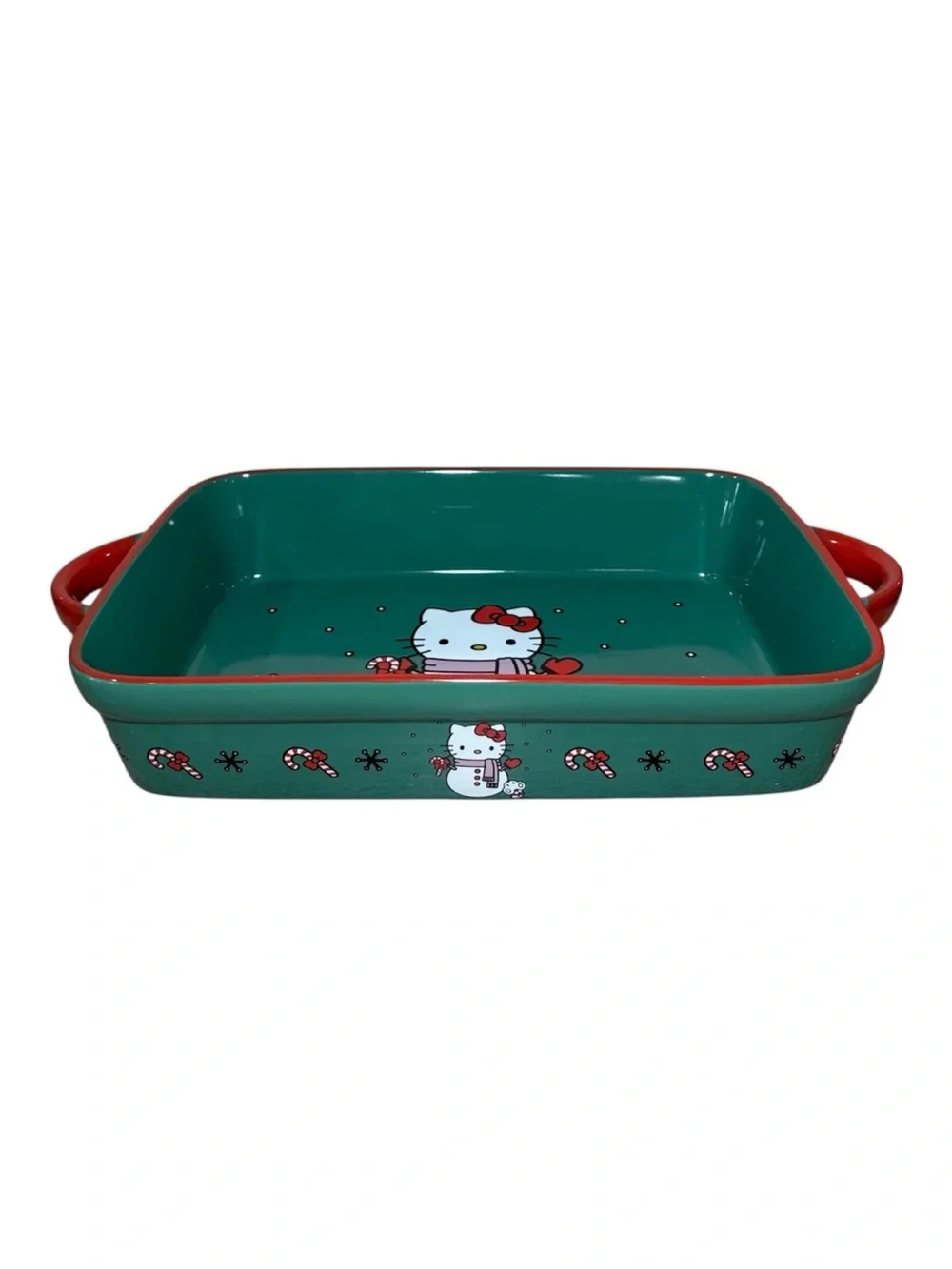 Hello Kitty Rectangle Baking Dish Christmas Snowman Green Sanrio Ceramic Pan